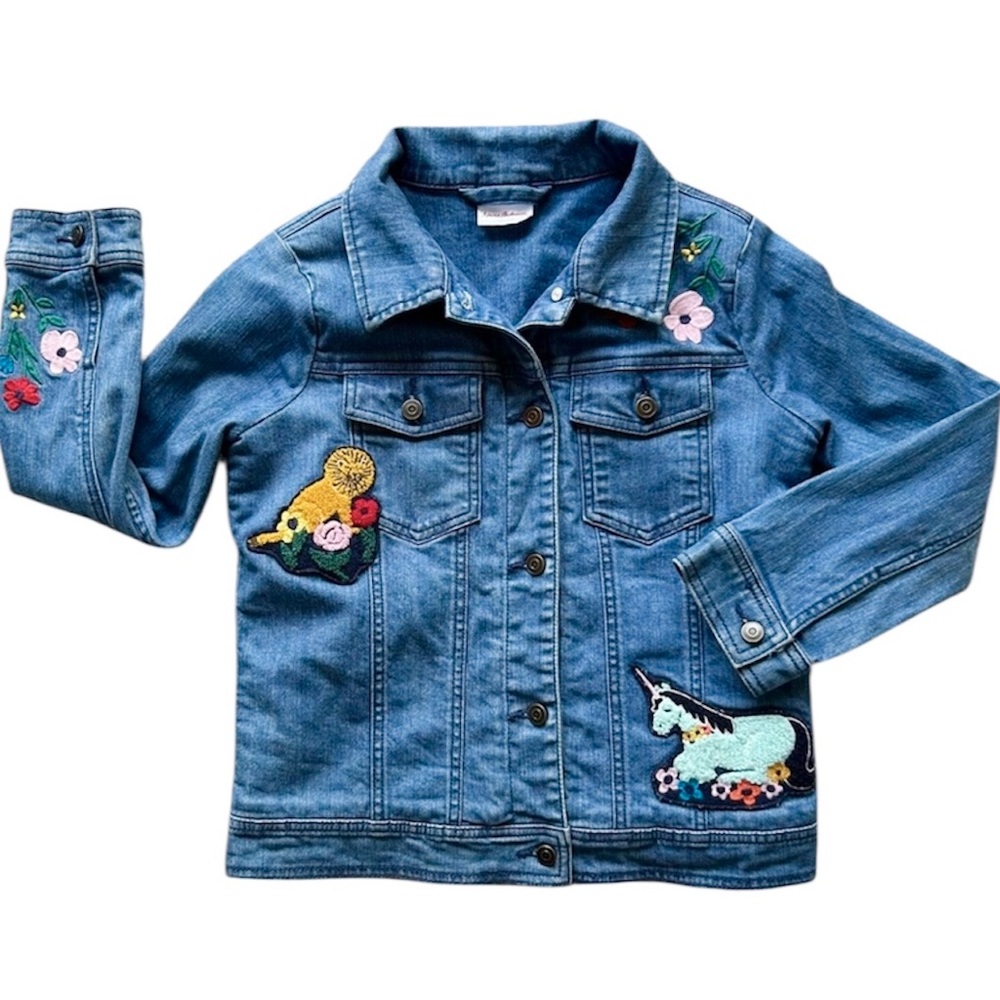 Hanna Andersson Blue Denim Sherpa Lined Novelty Applique Jean Jacket Sz 140 / 10